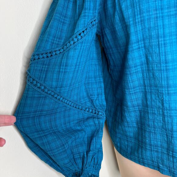 Max Studio Off The Shoulder Top XS Womens Blue Balloon Sleeve Plaid Ruffle New - Picture 4 of 9